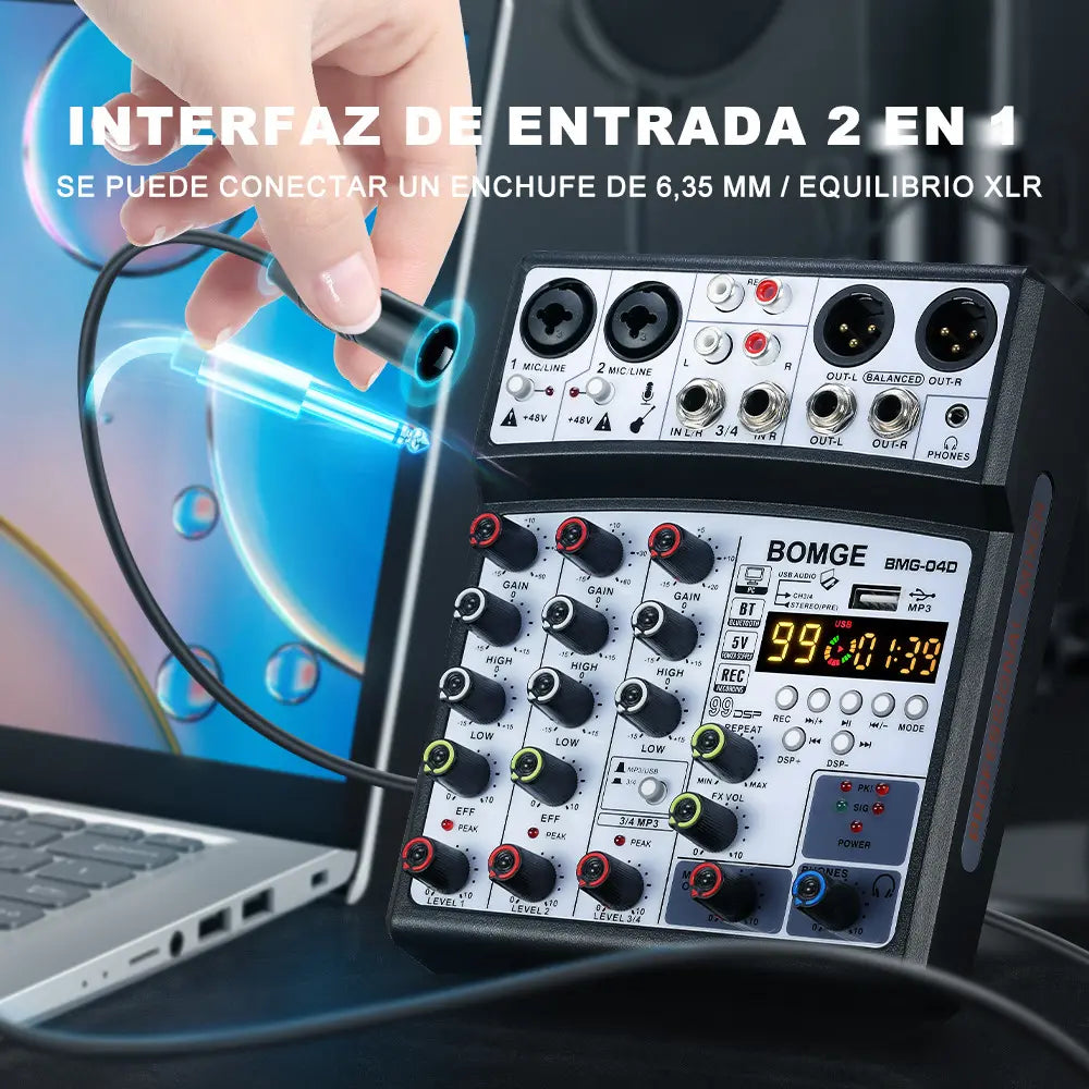 Mezclador de Audio BOMGE 04D 4 Canales – 16 DSP, Bluetooth, USB y Phantom 48V