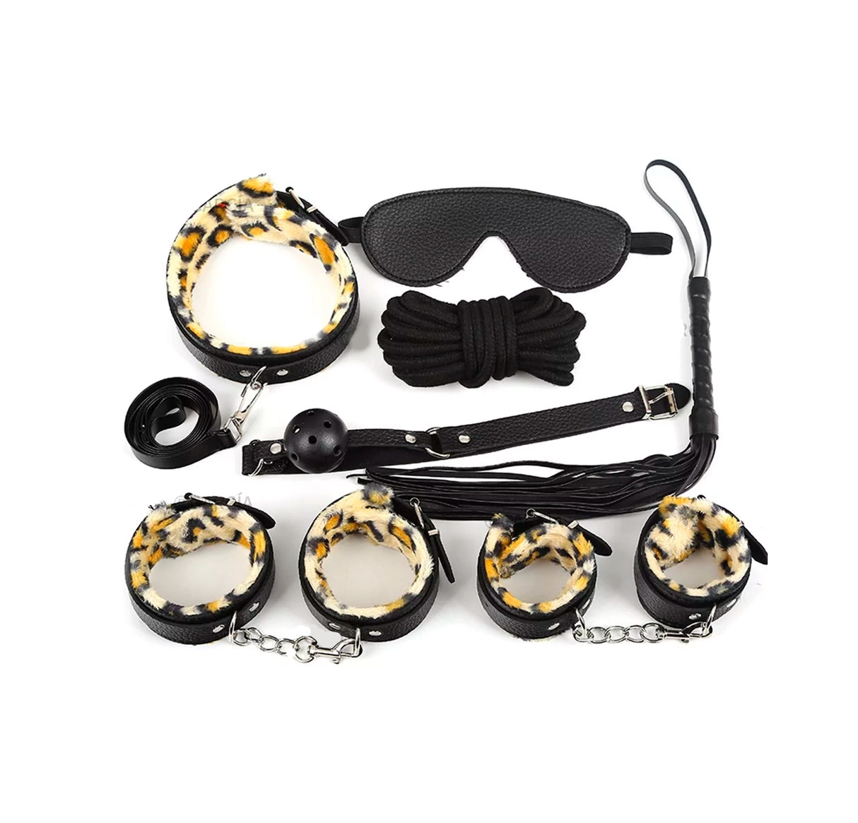 Kit De Bondage De Cuero Estampado De Leopardo Print 7 Piezas