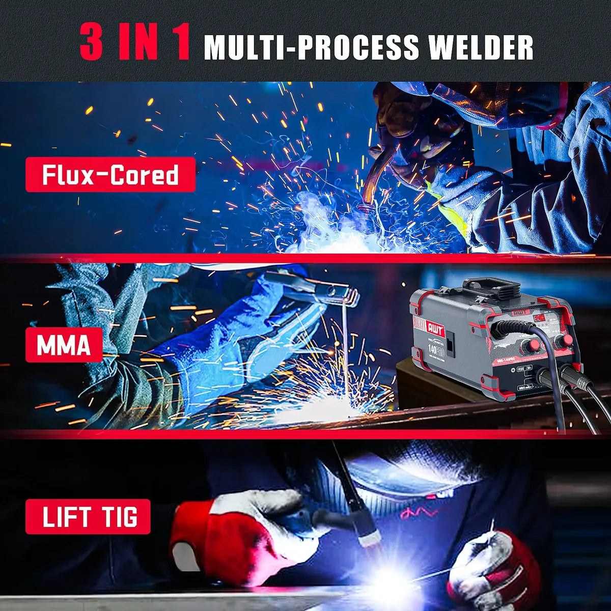 Soldador Awt 140a Flux Core Mig/stick/lift Tig 3 En 1 - 110V