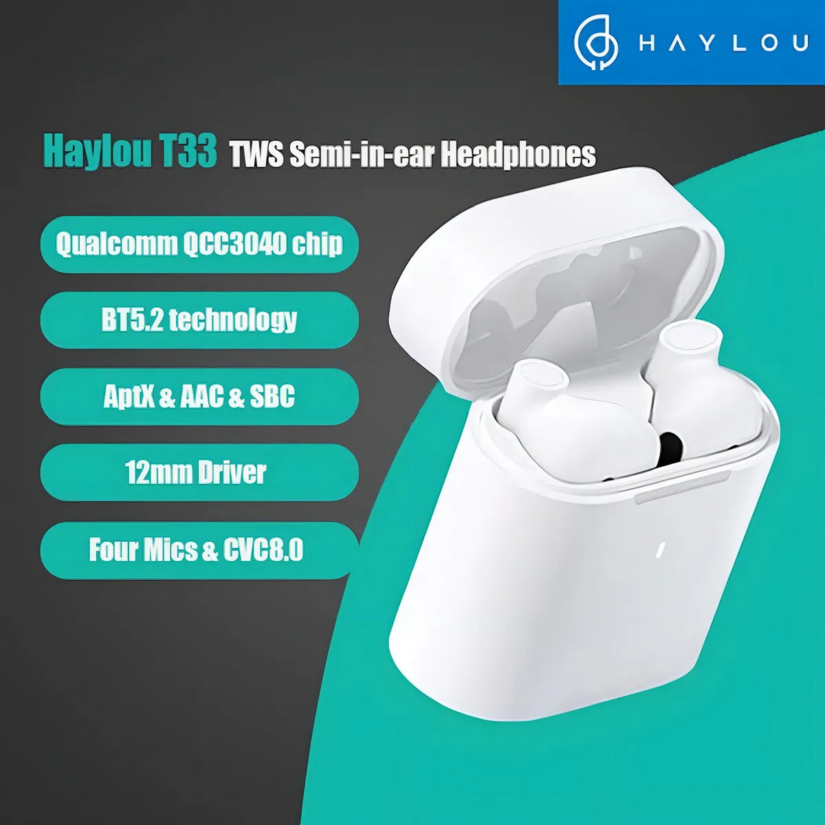 Auricular in-ear gamer inalámbrico Haylou T Series MoriPods blanco con luz LED