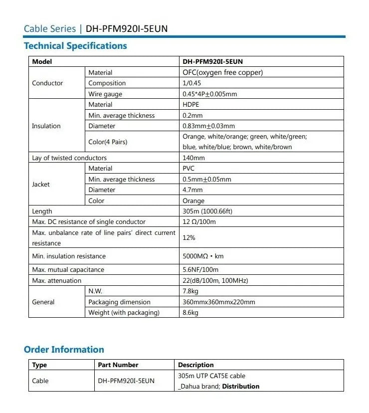Dahua Bobina De Cable Utp Blanco 100% Cobre Cat 5e 305 Mts