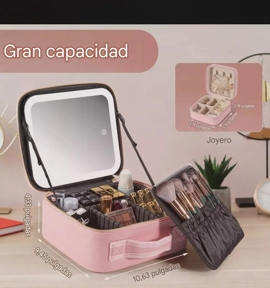 Bolso De Maquillaje Con Luz Led Recargable Rosada