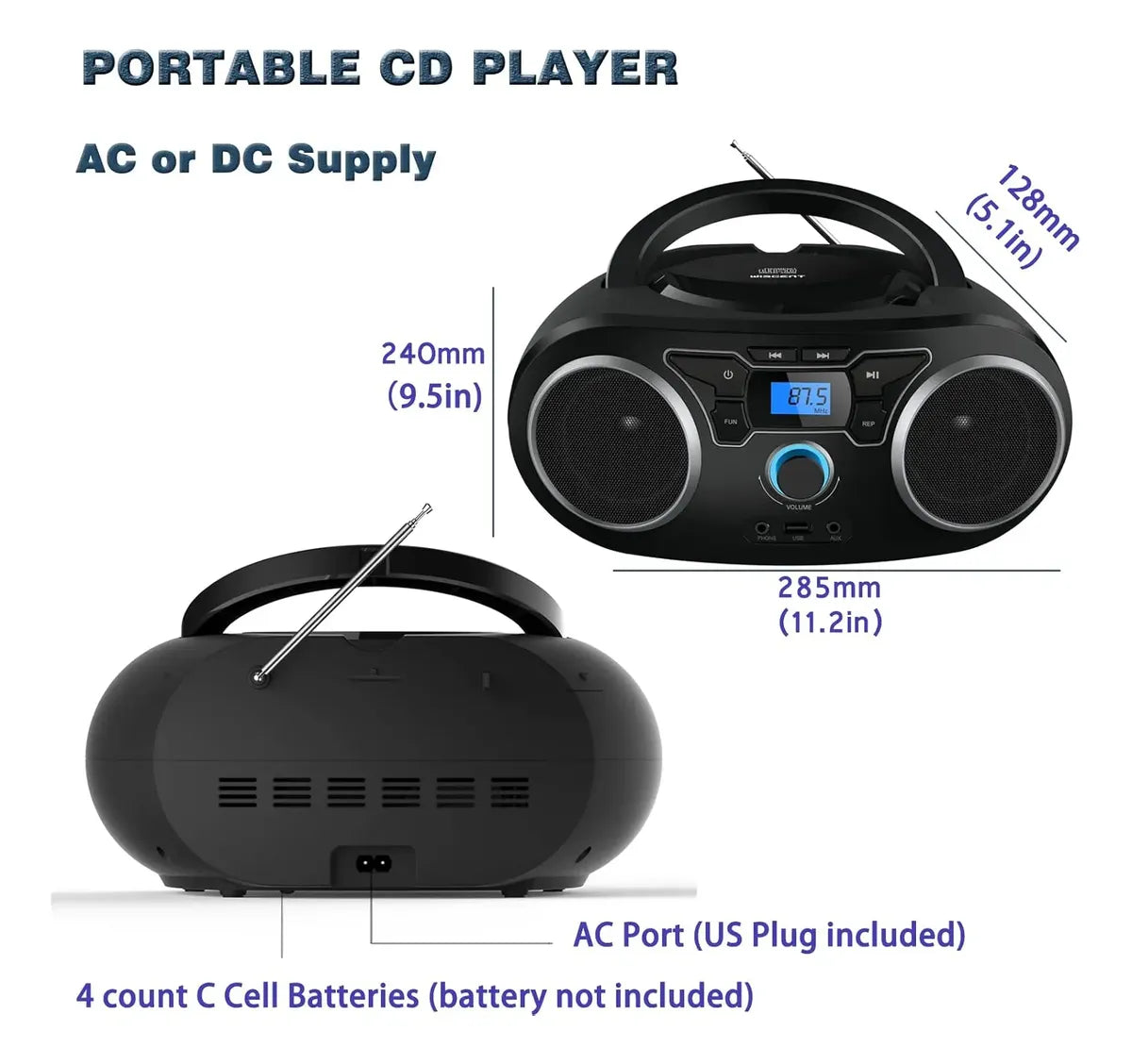 Reproductor Portátil Wiithink Bluetooth / Radio FM / CD / USB – Negro