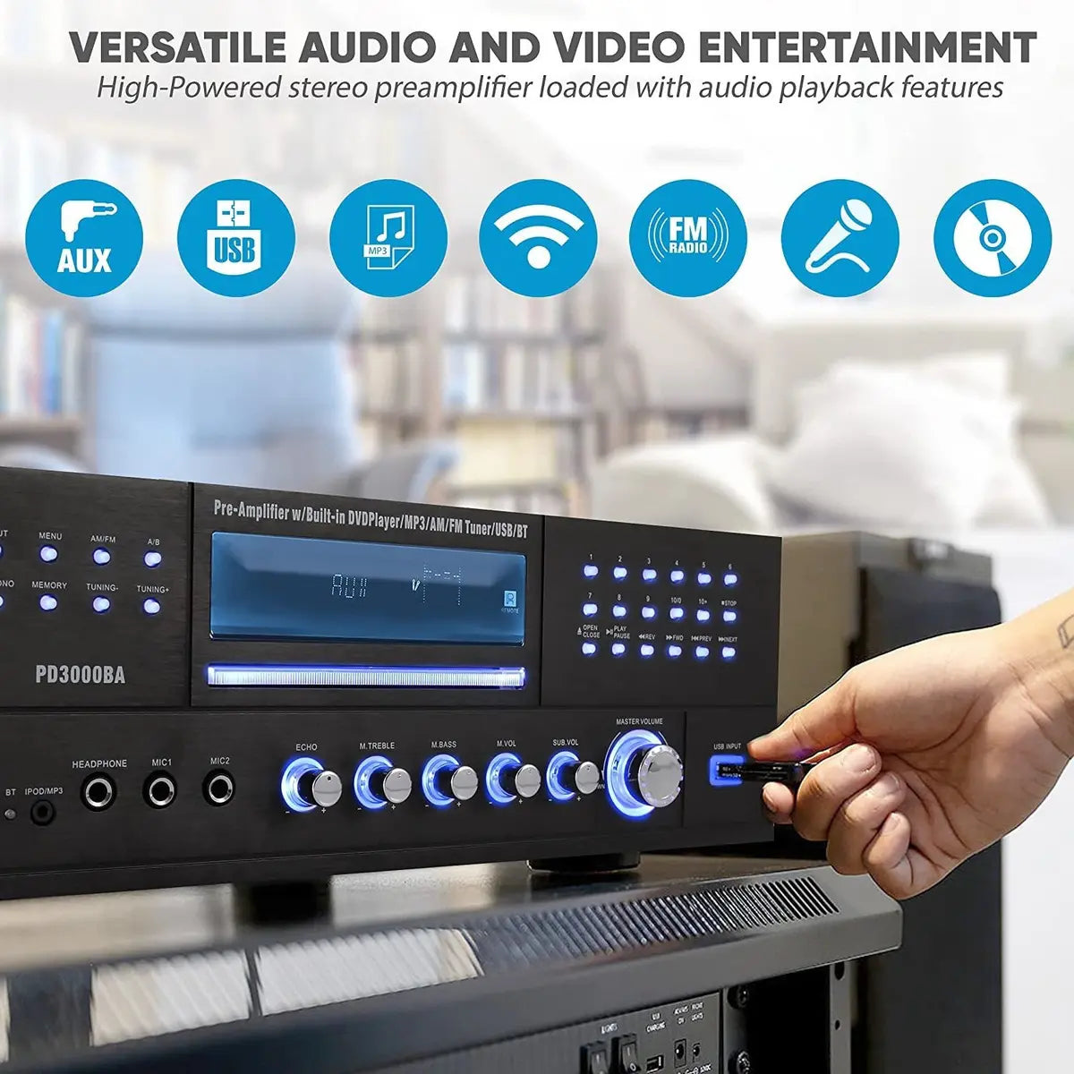 Pyle PD3000BA Receptor Estéreo de Audio y Video Bluetooth para Cine en Casa