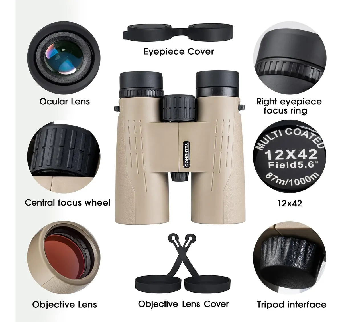 Binoculares YUANZIMOO 12x42 HD de Alta Potencia con Adaptador para Smartphone