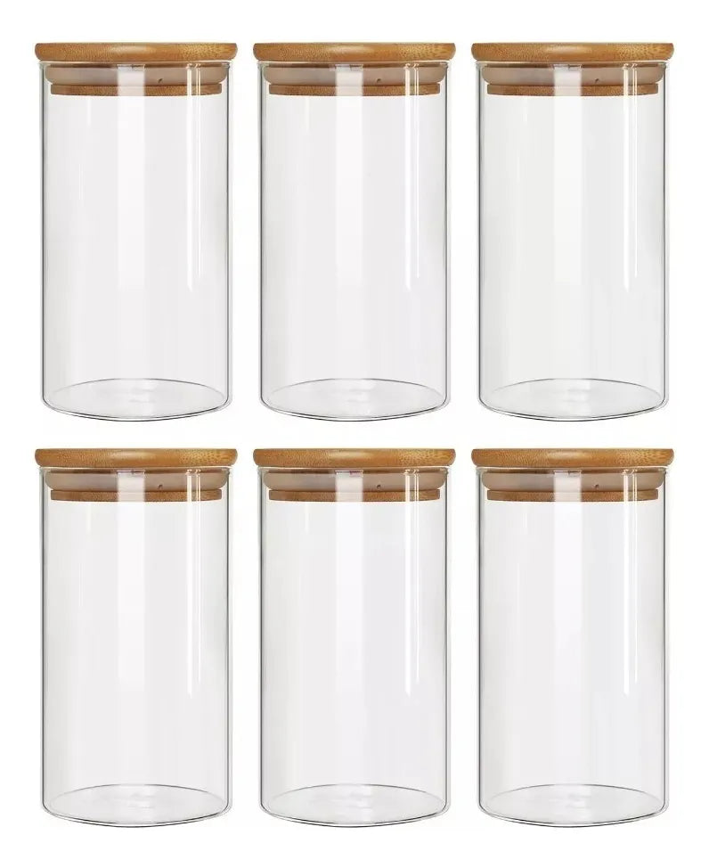Set 6 Frascos Para Condimentos Especias Tapa Bambú 250mlc/u Transparente