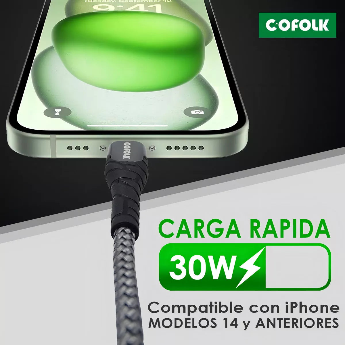 Cable Carga Usb C Para Lightning No Mfi Pd 30w 1 M - Cofolk Color Negro