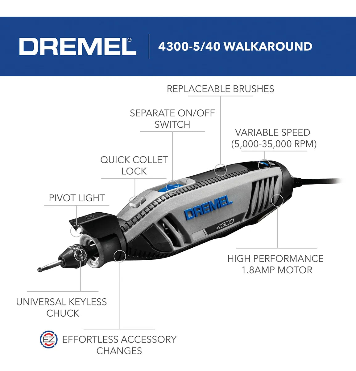 Kit de herramientas rotativas Dremel 4300-5/40 de alto rendimiento con LED