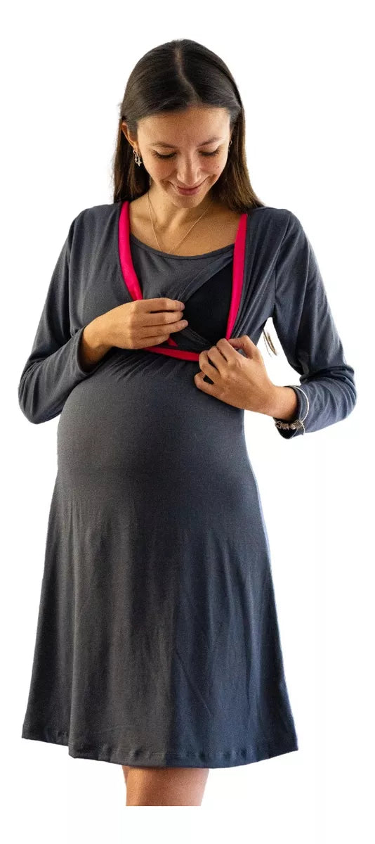 Camisola Maternal Y Lactancia Gris-fucsia Manga Larga