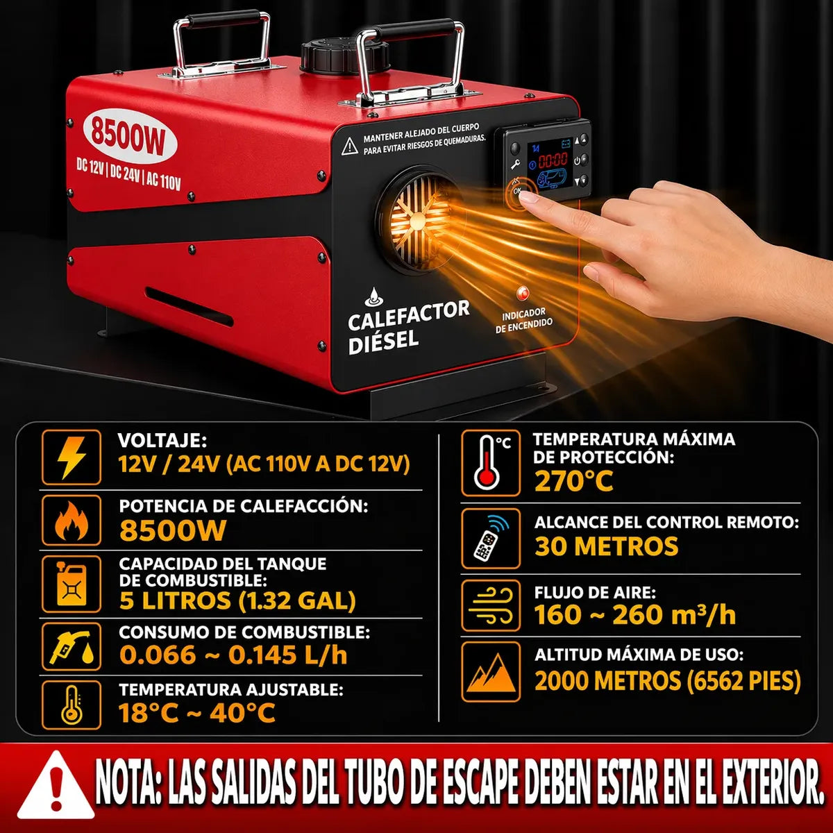 Calefactor Diésel Portátil 8.5KW 12V / 24V con Control Remoto | Nuevo | Embalaje Abierto