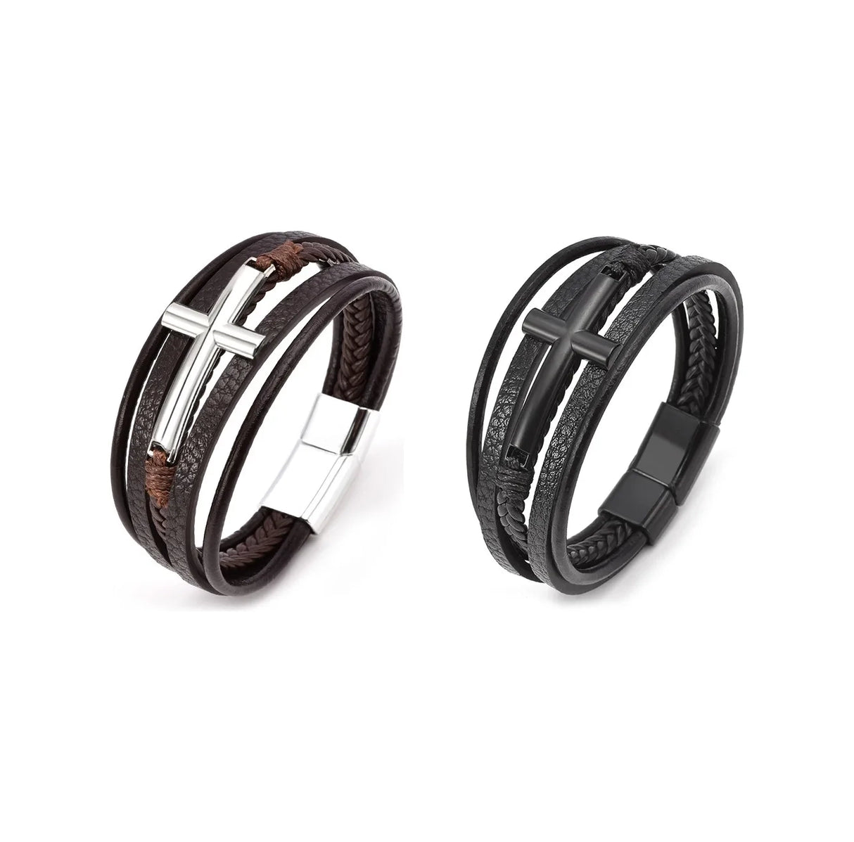 Pulsera de cuero y cruz Acero para hombre