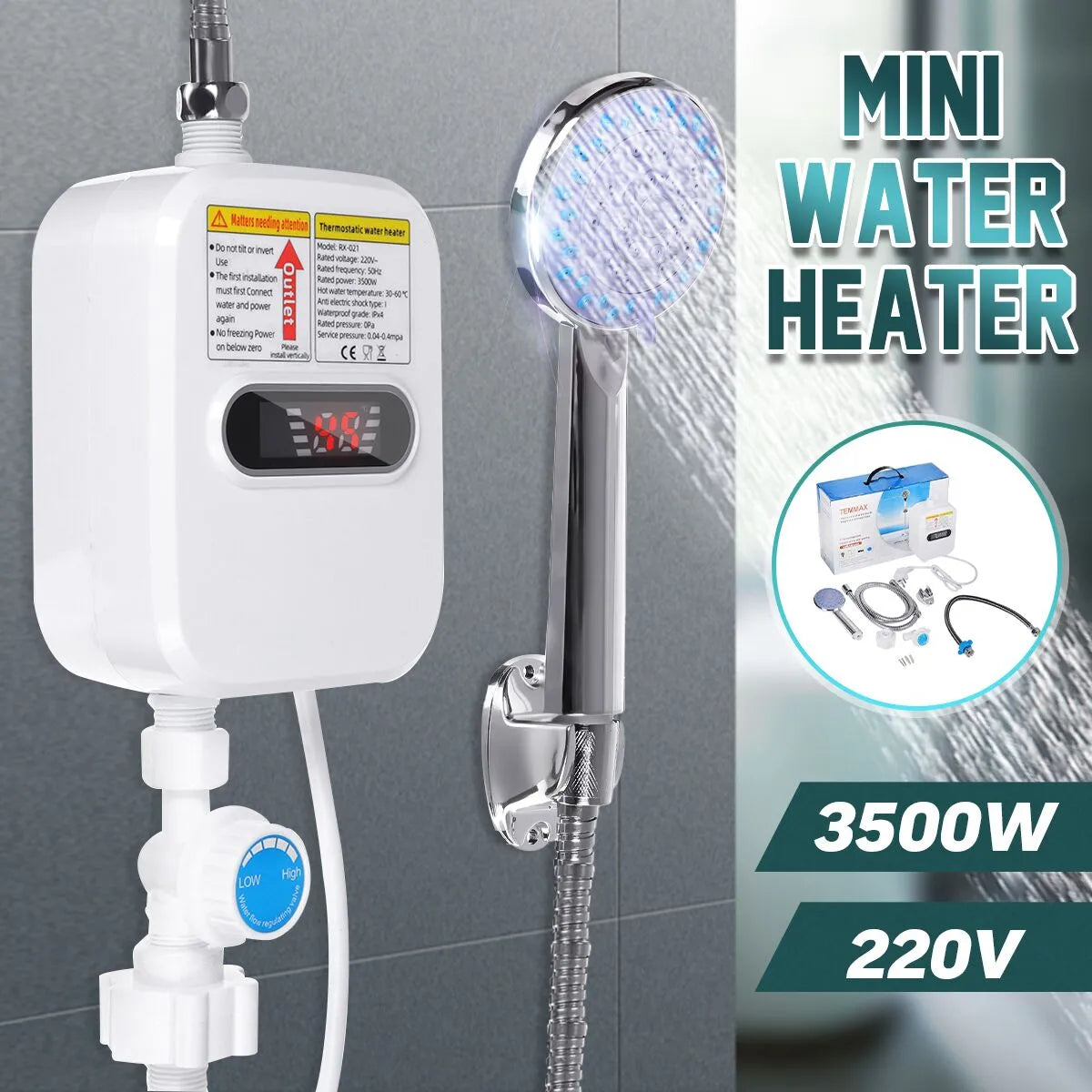 Mini calentador de agua calefón ducha calienta en 3 seg color blanco 3.500w