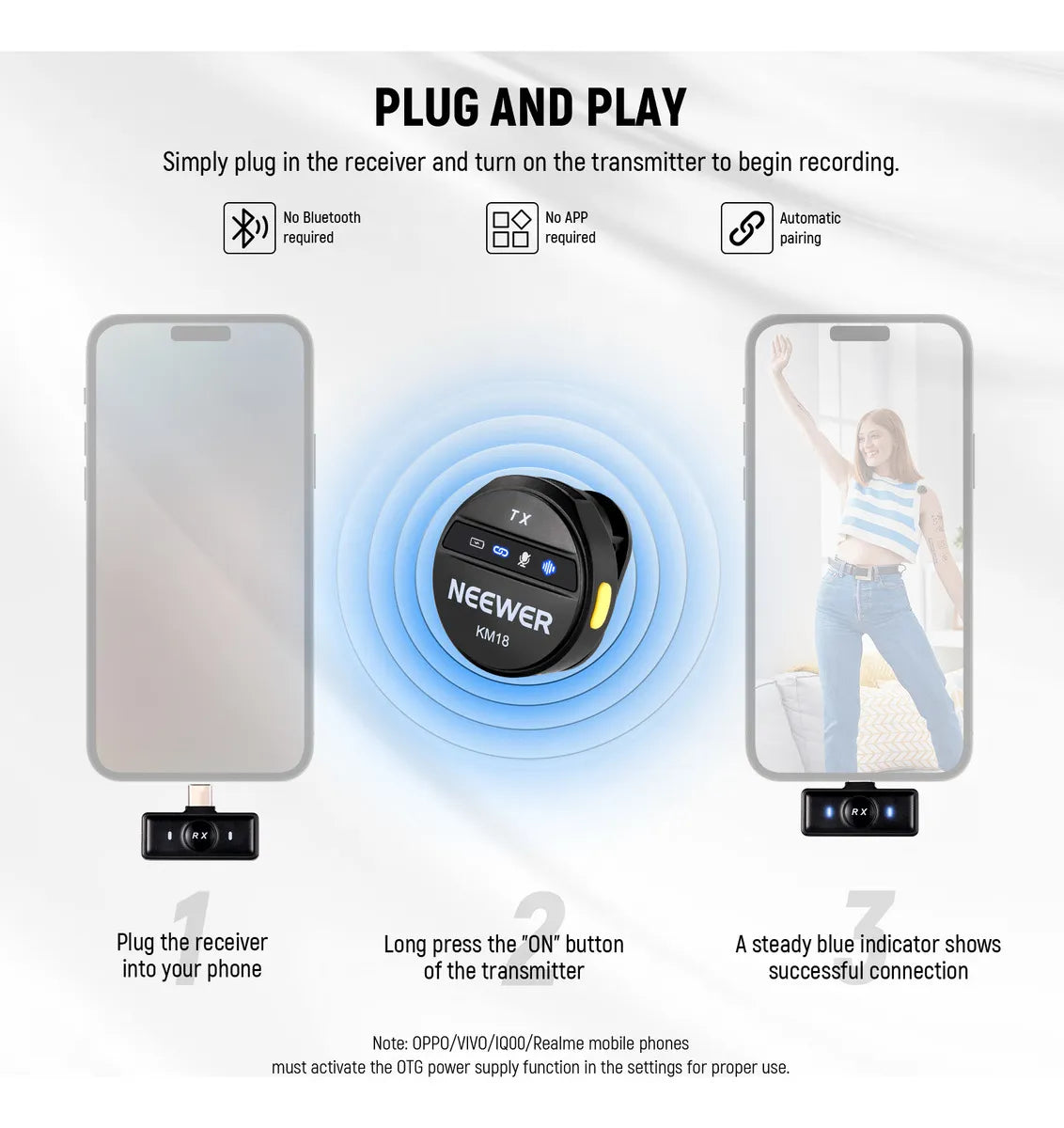 Neewer Micrófono Solapa Inalámbrico Kit P/ 15 16 Pro Max S24 Color Negro KM18