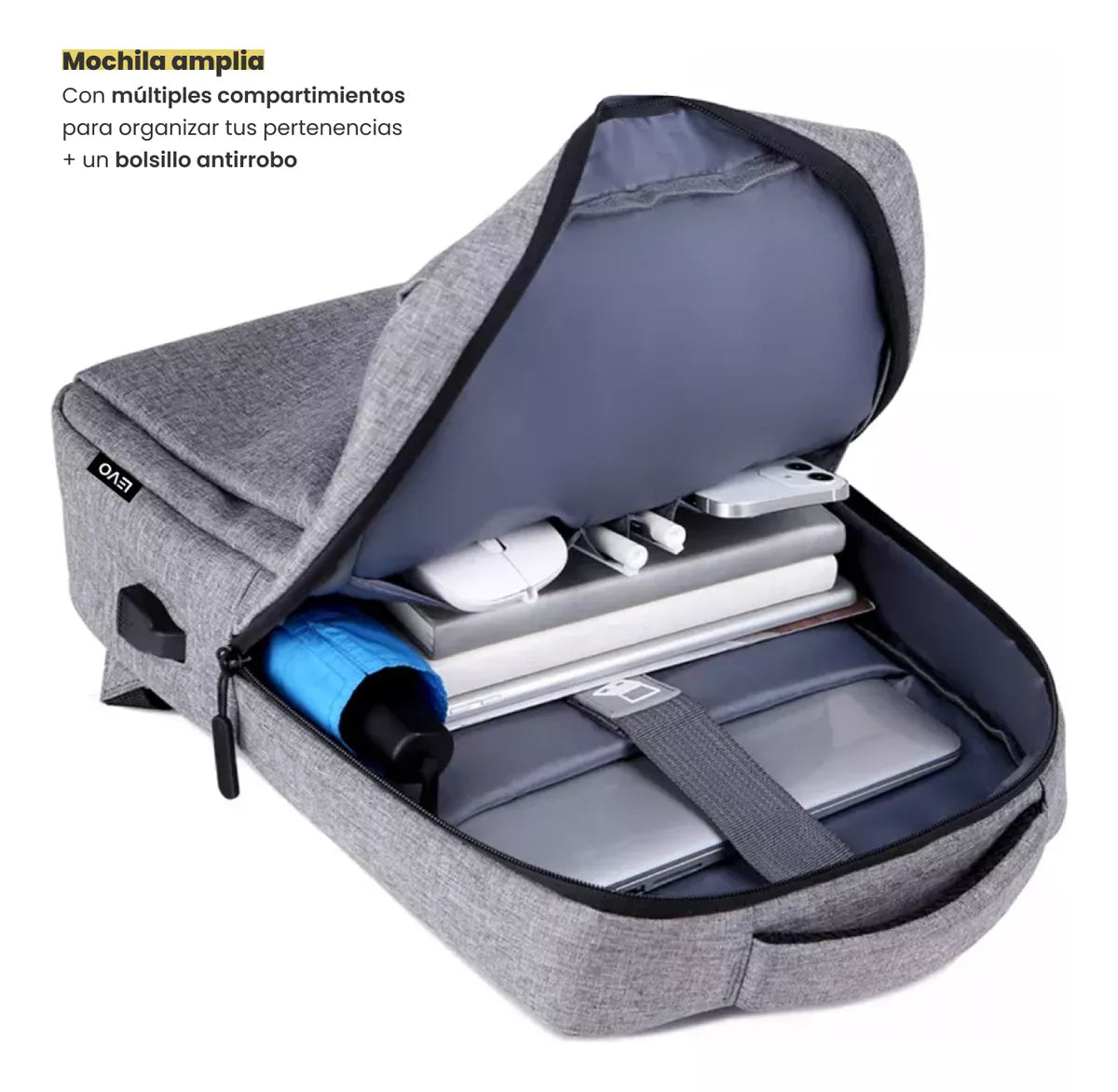 Mochila Para Notebook Con Puerto Usb 15 Gris Levo