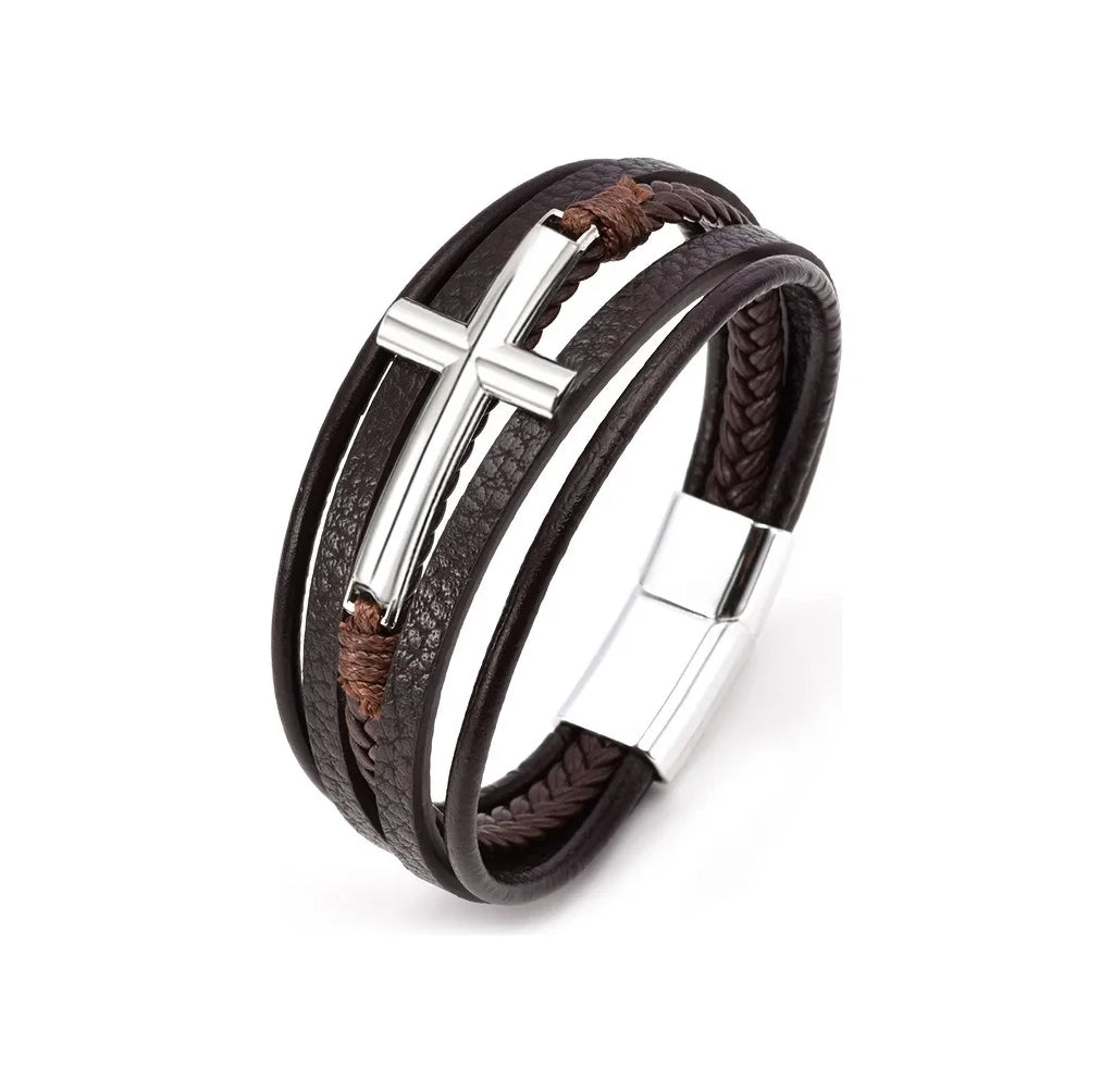 Pulsera de cuero y cruz Acero para hombre