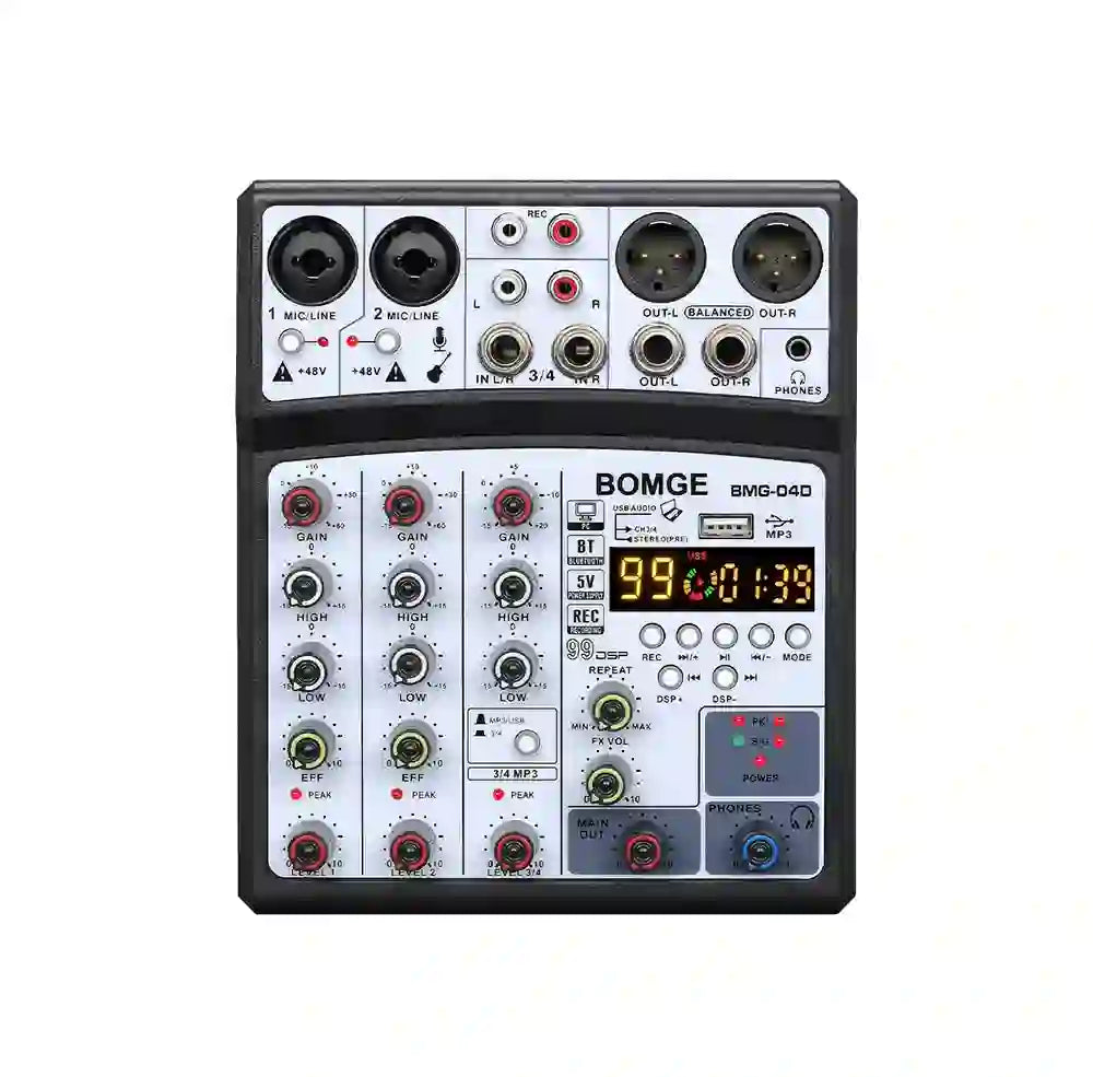 Mezclador de Audio BOMGE 04D 4 Canales – 16 DSP, Bluetooth, USB y Phantom 48V