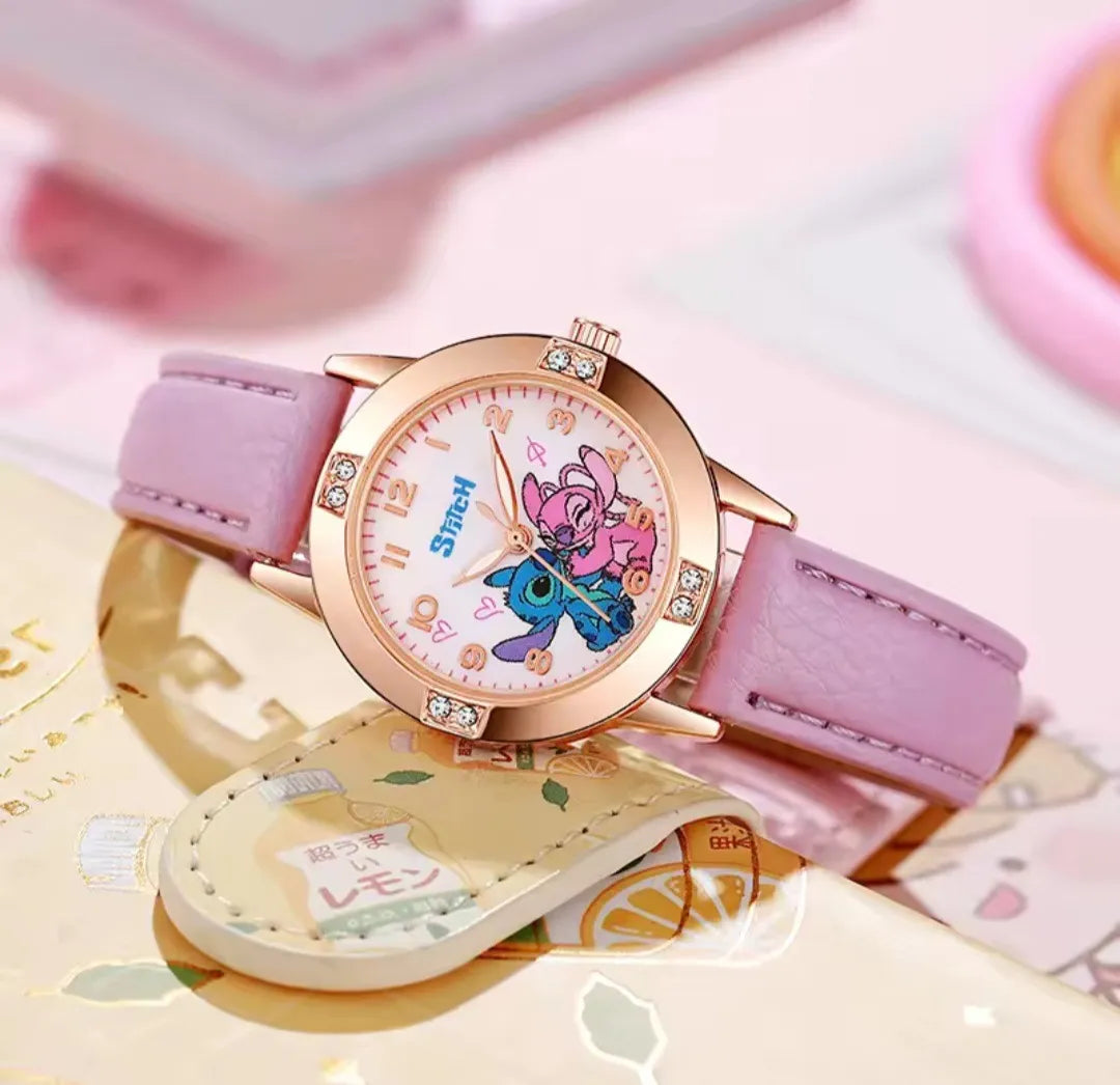 Reloj Analogo Stitch + Pulsera Baño Plata 925 Lila Dorado Blanco Con Diseño