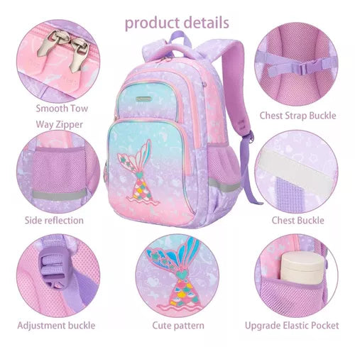 Mochila Infantil De Sirena Con Estuche Y Bolsa, 3 Piezas