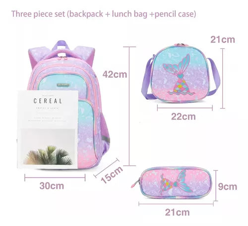 Mochila Infantil De Sirena Con Estuche Y Bolsa, 3 Piezas