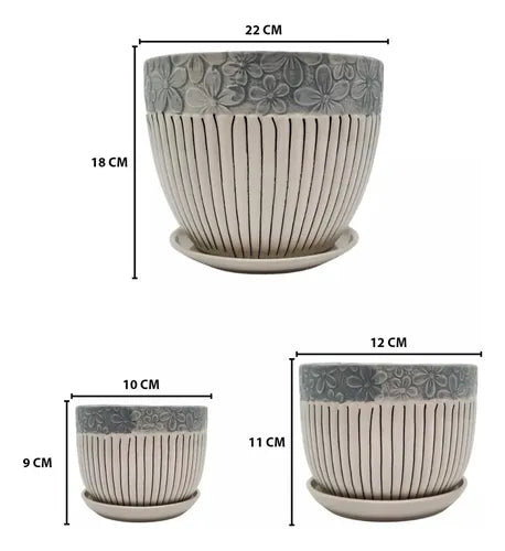 Set 3 Maceteros Maceta De Cerámica Blancos Flores Y Líneas