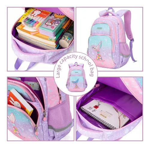 Mochila Infantil De Sirena Con Estuche Y Bolsa, 3 Piezas