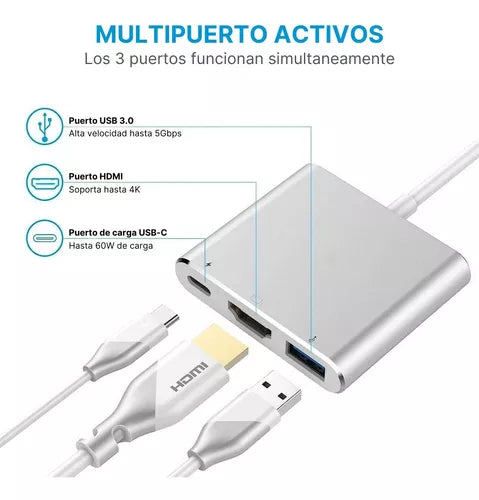 Adaptador Usb C A Hdmi 4k Con Usb Carga Thunderbolt Macbook