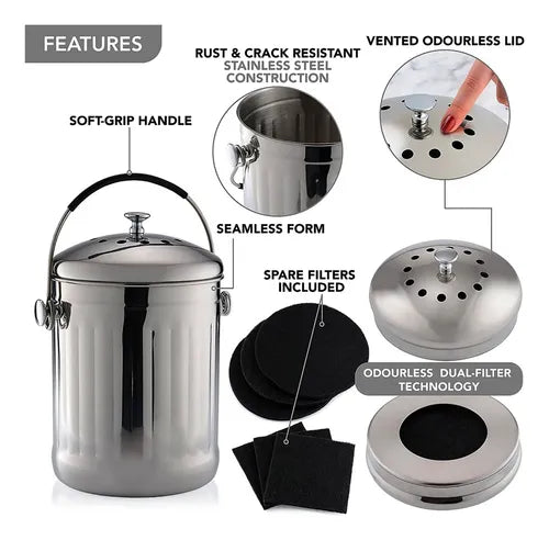 Basurero Con Filtros De Olor De Acero Inoxidable - Norplat Plateado