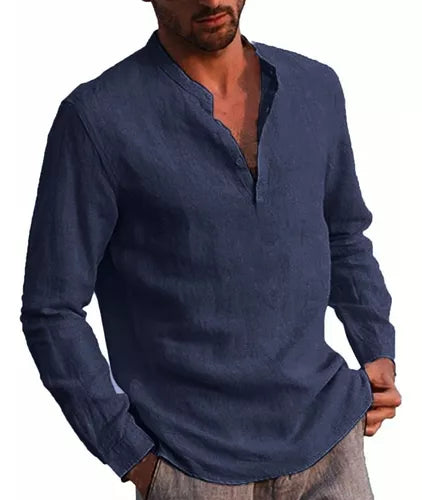 Polera De Algodón Y Lino Hombre Cuello V Manga Larga Slim Fit