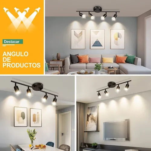 4 Foco Riel Luz Cálida Riel Monofásico 1mt Negro