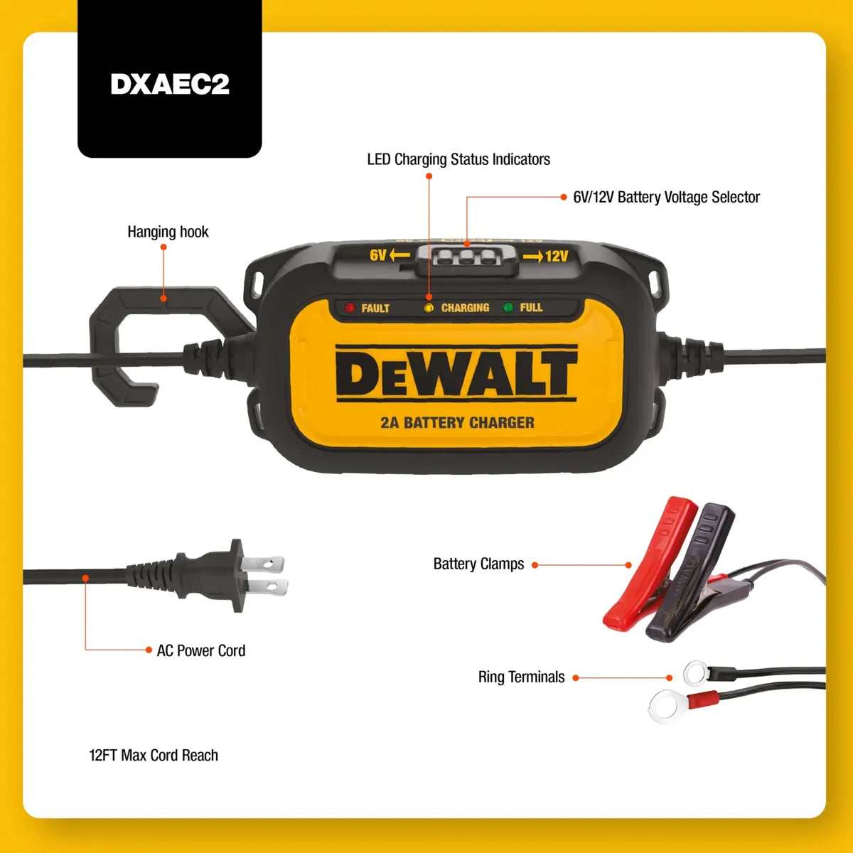 Cargador y Mantenedor de Batería DeWALT DXAEC2 2A | Automático 6V / 12V - 120V