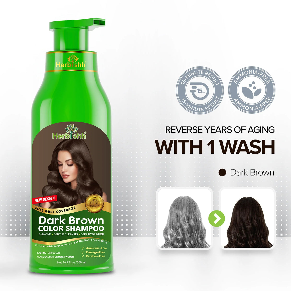 Shampoo Colorante Herbishh Dark Brown 3 en 1 | Cubre Canas en 10 Minutos