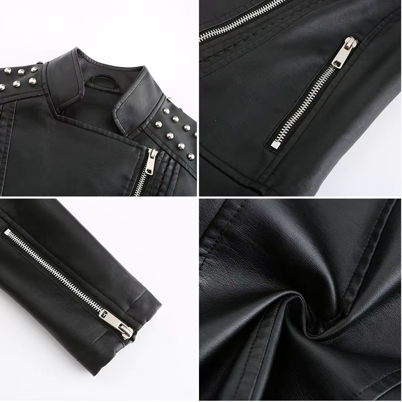 Chaqueta de Cuero Sintético para Mujer WF271 | Estilo Biker con Remaches para Primavera y Otoño