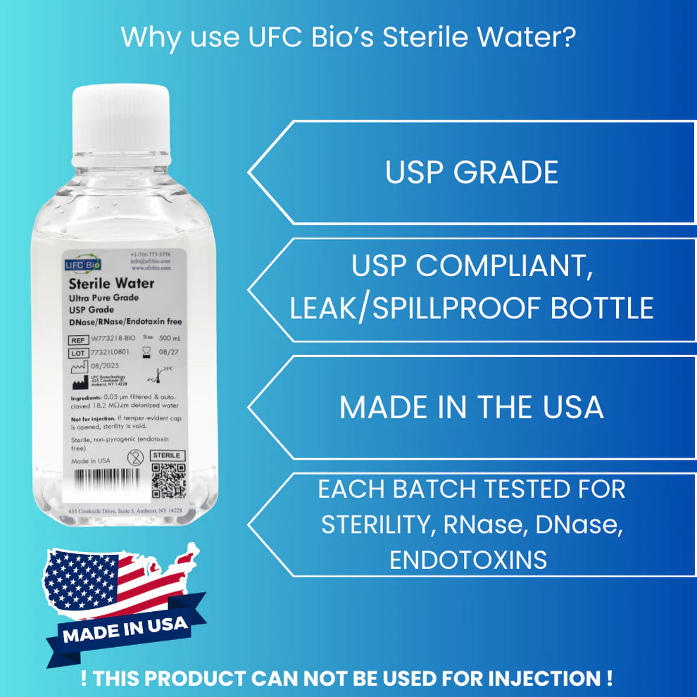 Agua Estéril USP Ultra Pura UFC Bio | RNase/DNase Free | Libre de Endotoxinas | Fabricada en EE.UU.