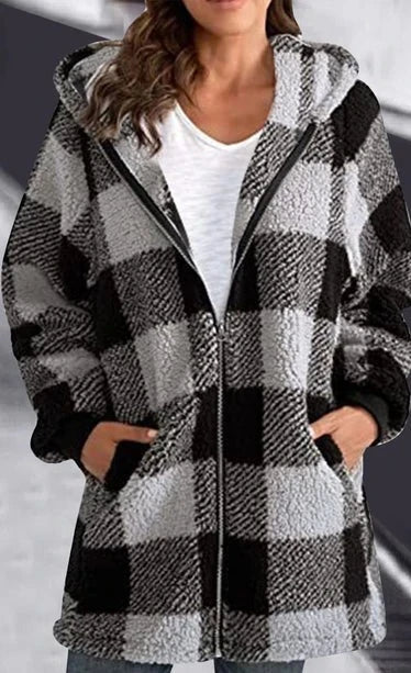 Chaqueta con capucha Sherpa forrada de Franela cuadros para mujer