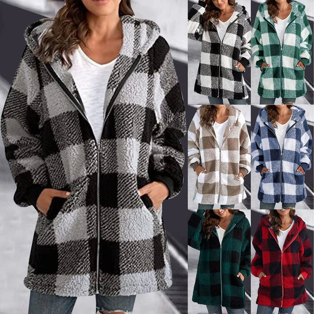 Chaqueta con capucha Sherpa forrada de Franela cuadros para mujer