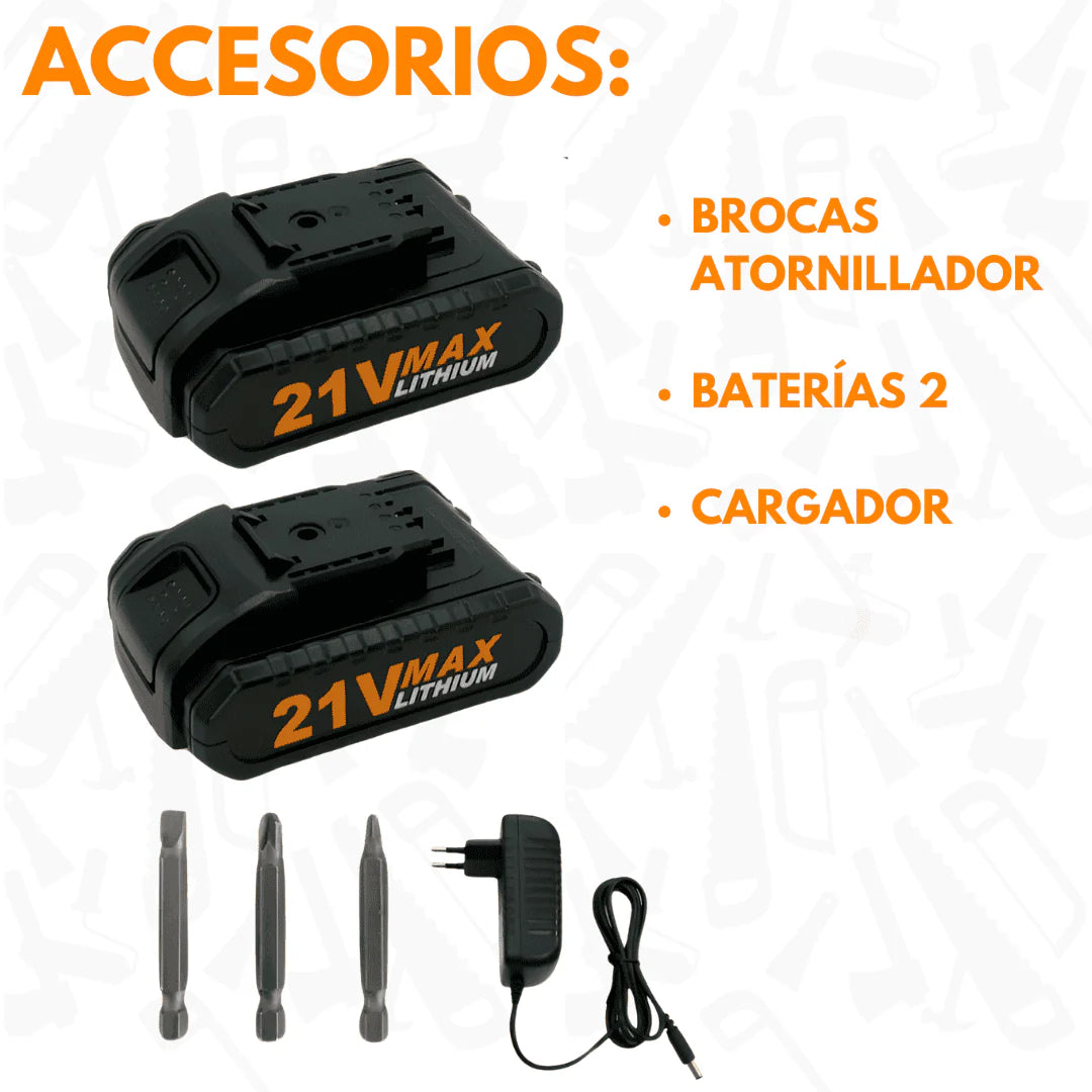 Taladro Destornillador Inalámbrico + 2 Baterías + Accesorios