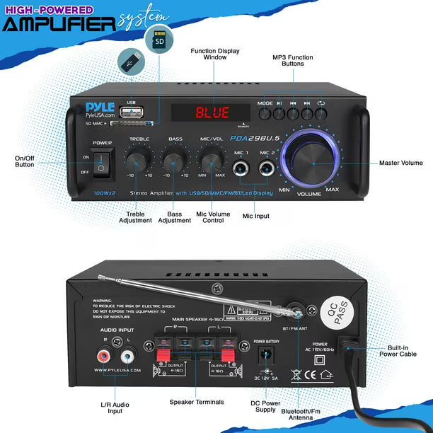 Amplificador de potencia estéreo Pyle PDA29BU.5 200W con Bluetooth 120V