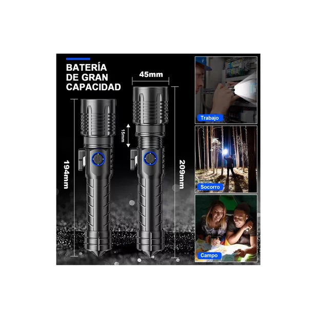 Lámpara Táctica Recargable Usb Xhp70 Led Campismo Linterna
