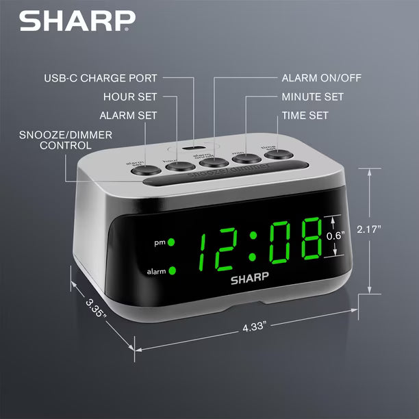 Reloj Despertador Sharp SPC235DGAMZ LED Verde con USB-C – 120V