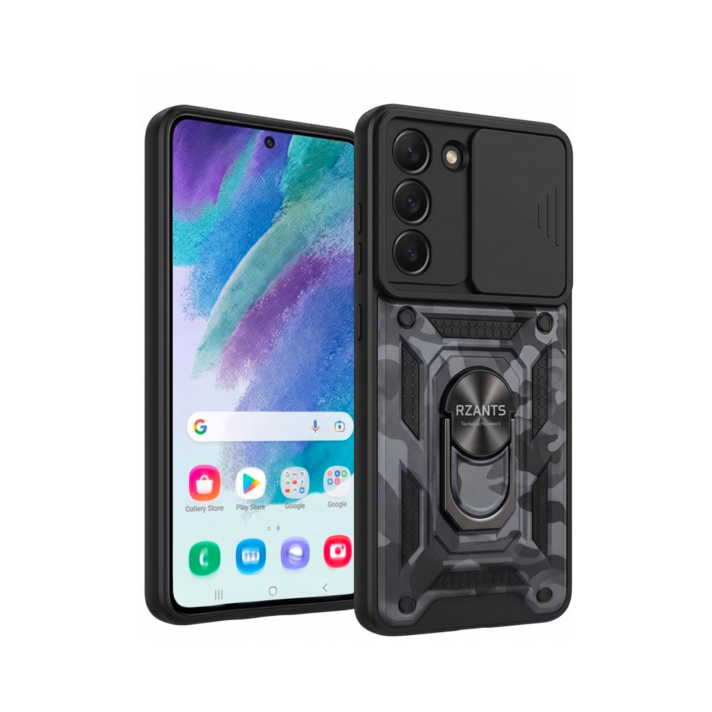 Carcasa Antigolpes para Samsung Galaxy S21 con Protector de Cámara Deslizante, Anillo Metálico y Diseño Camuflaje