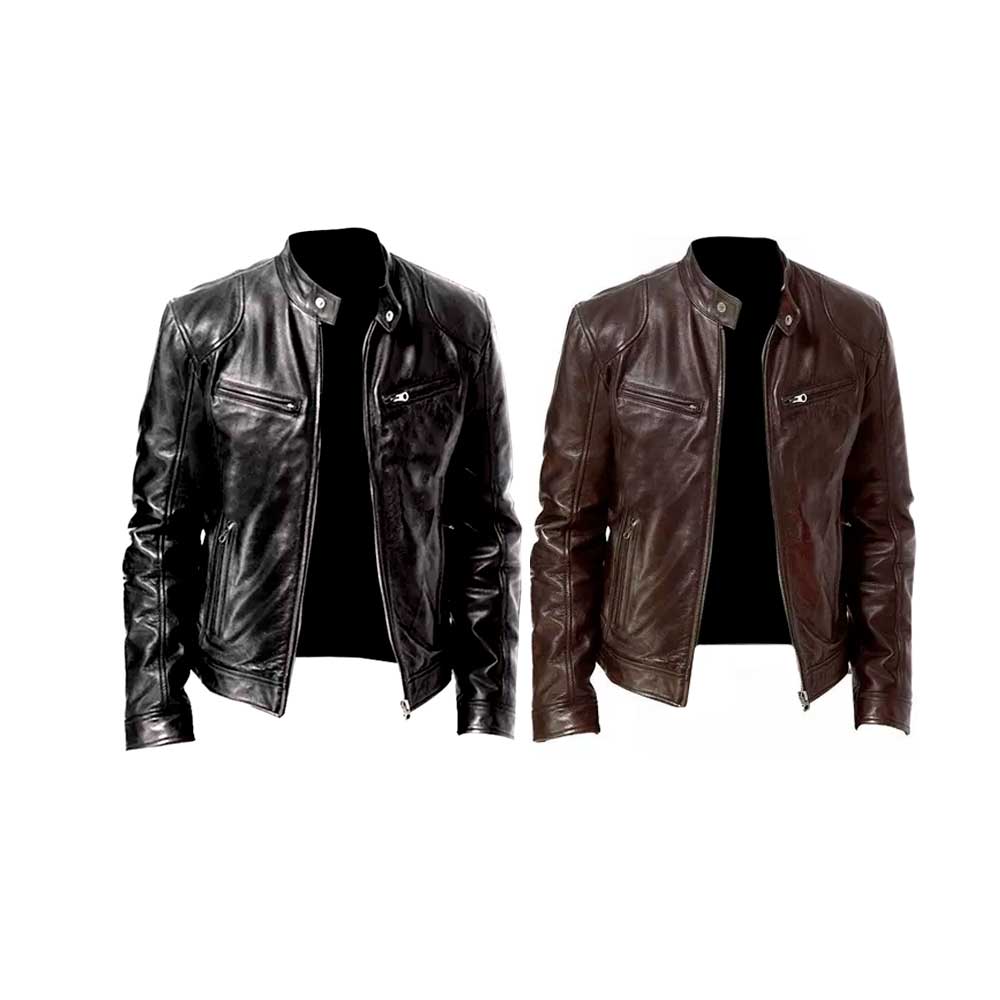 Chaqueta de EcoCuero Delgada con Cuello Alto para Hombre-Negro