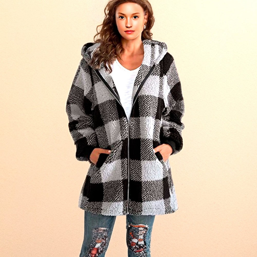 Chaqueta con capucha Sherpa forrada de Franela cuadros para mujer