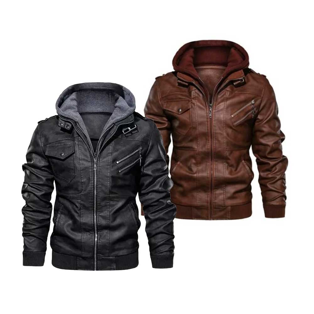 Chaqueta de ecocuero para hombre abrigo delgado con Gorro