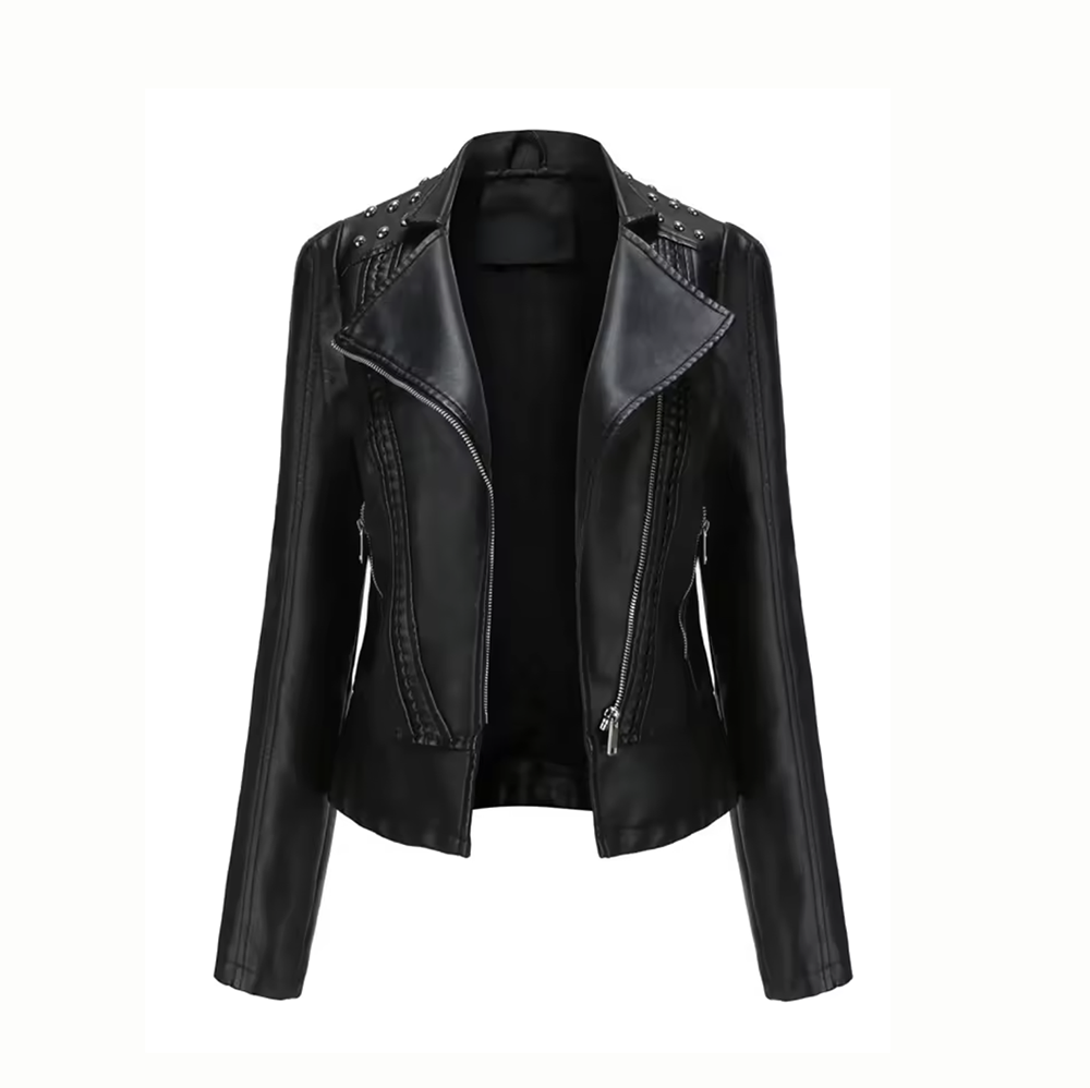 Chaqueta de Cuero Sintético para Mujer WF271 | Estilo Biker con Remaches para Primavera y Otoño