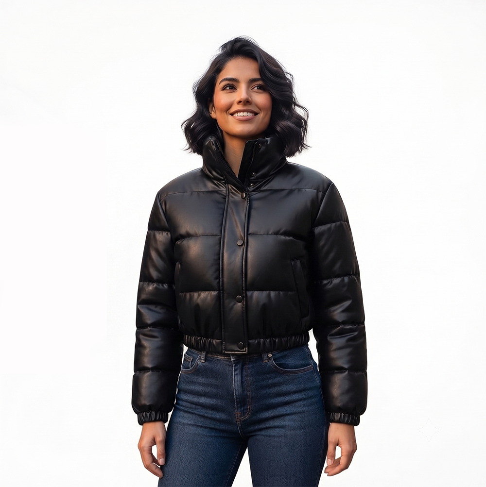 Chaqueta de Ecocuero para Mujer con Cuello Alto | Cierre Frontal | Estilo Puffer Invierno