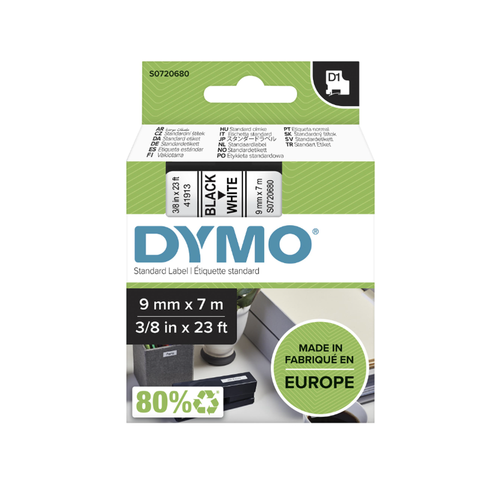 Cinta de Etiquetas DYMO D1 Standard 9mm x 7m Negra sobre Blanco – S0720680