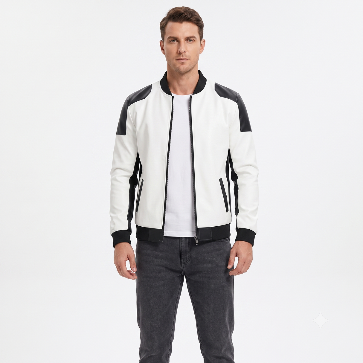 Chaqueta de Cuero Sintético para Hombre Blanco y Negro | Slim Fit | Estilo Casual Deportivo
