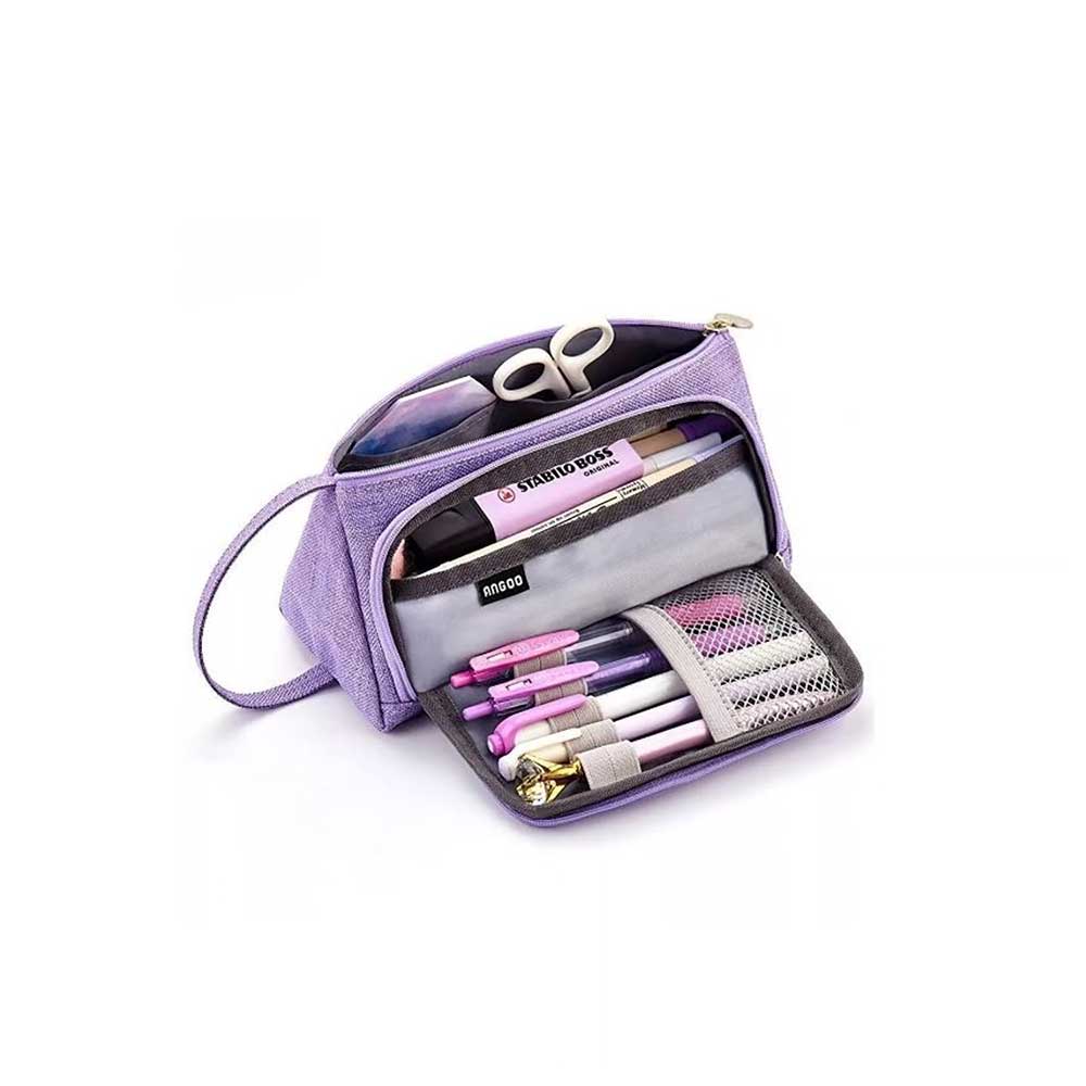 Estuche morado de gran capacidad para lápices con ranuras