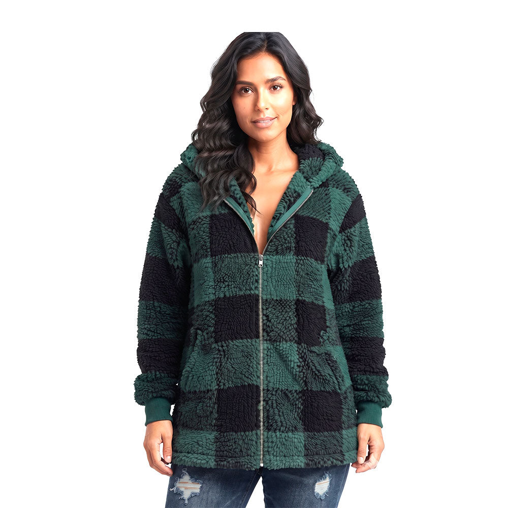 Chaqueta Mujer Casual a Cuadros con Capucha | Cierre Frontal y Bolsillos | Abrigo Otoño Invierno