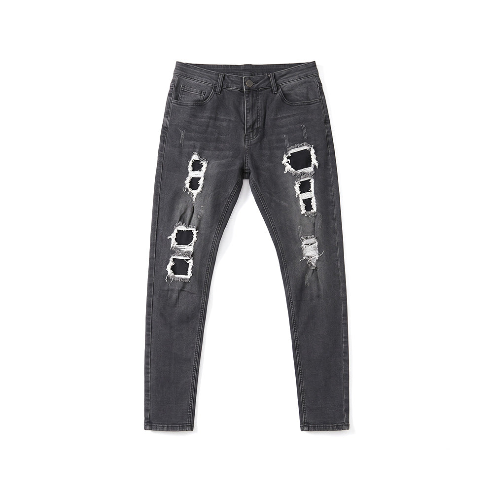 Jeans Hombre Estilo Punk Skinny Negro Rotos
